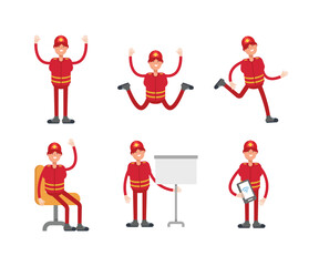 firefighter characters in different poses set vector illustration