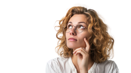 woman looking up making a decision against. Isolated on transparent background.