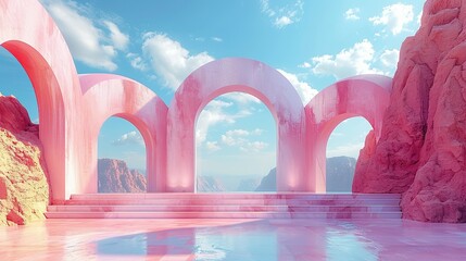 Obraz na płótnie Canvas 3d Render, Abstract Surreal pastel landscape background with arches and podium for showing product, panoramic view, Colorful dune scene with copy space, blue sky and cloudy, Minimalist decor design