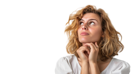 woman looking up making a decision against. Isolated on transparent background.