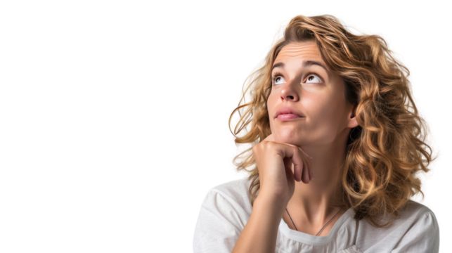 woman looking up making a decision against. Isolated on transparent background.