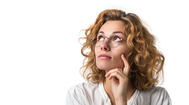 woman looking up making a decision against. Isolated on transparent background.