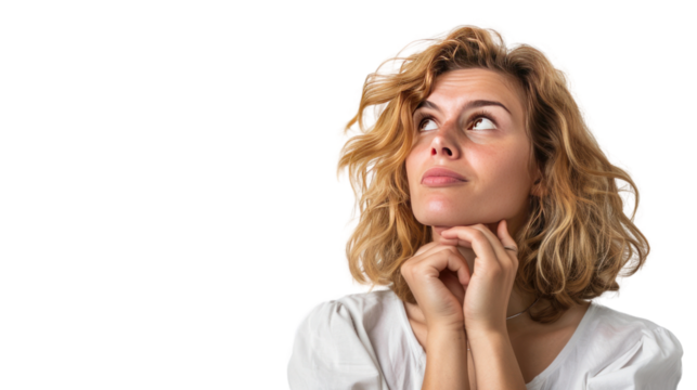woman looking up making a decision against. Isolated on transparent background.