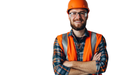 Detailed close-up view of worker wearing hat isolated on transparent background.