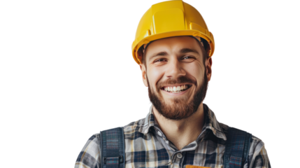 Detailed close-up view of worker wearing hat isolated on transparent background.