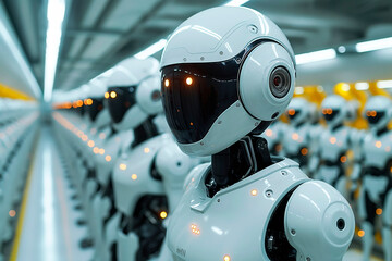 A close-up perspective showcases a series of futuristic white robots with dark visor eyes, aligned and ready on an automated production line. - obrazy, fototapety, plakaty