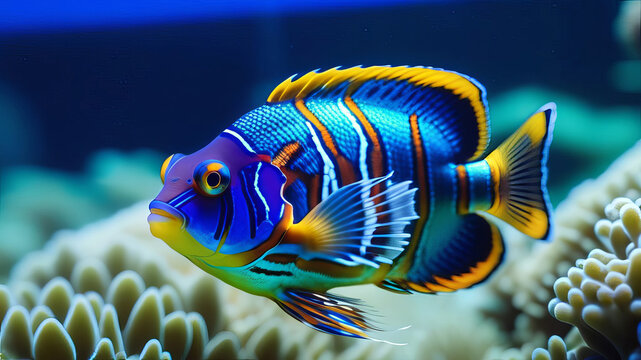 Exotic blue and orange fish in an aquarium, Synchiropus splendidus, mandarinfish in a tank with coral