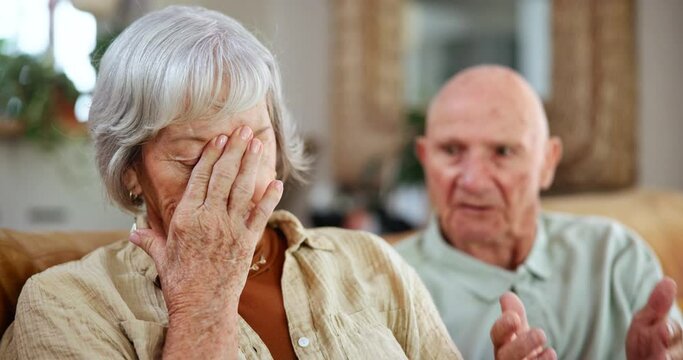 Argue, fight and senior couple on sofa for divorce, breakup and separation in living room. Marriage crisis, depression and frustrated man and woman on couch in argument, conflict and problem in home