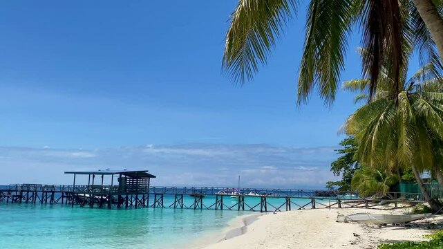 Wooden walkway stretching into the sea, palm trees and criystal water Mabul island, Sabah, Borneo, Malaysia