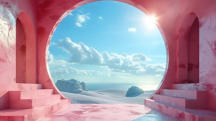 Gordijnen 3d Render, Abstract Surreal pastel landscape background with arches and podium for showing product, panoramic view, Colorful dune scene with copy space, blue sky and cloudy, Minimalist decor design © Jennifer