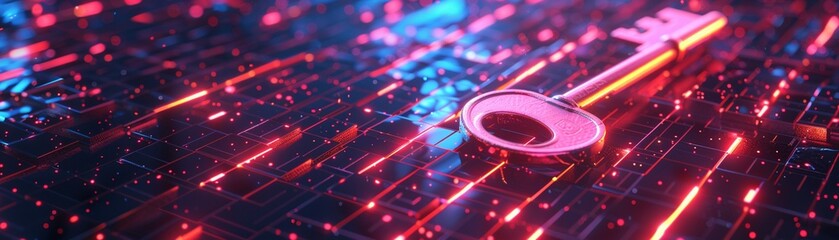 Vintage key approaching a digital lock, neon grid, low angle, hyper-realistic CGI