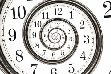 Vintage abstract dotted infinite spiral clock face isolated on a background. Surreal halftone watch twisted time concept. Vector illustration