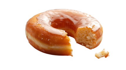 Glazed donut with missing bite isolated on transparent background.