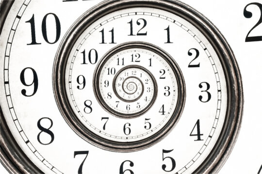 Vintage abstract dotted infinite spiral clock face isolated on a background. Surreal halftone watch twisted time concept. Vector illustration
