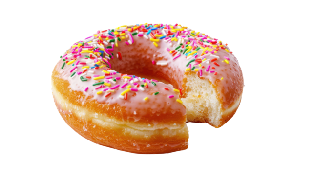 Glazed donut with missing bite isolated on transparent background.