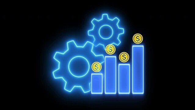 Money, profit, cashflow, investment, economy, finance and success concept. 4K motion graphic animation of dollar sign graph and chart with gears spinning around isolated on transparent background.