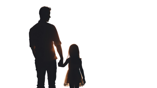 Silhouette of father holding daughter's hand, Isolated on a transparent background.