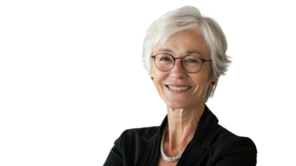 Smiling elderly business woman Demonstrate confidence, friendliness, and success.. Isolated on transparent background.