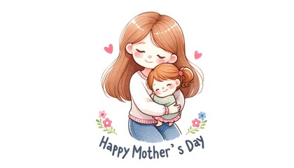 A tender watercolor illustration of a mother and child in a loving embrace, celebrating Mother's Day. Banner mother day card 