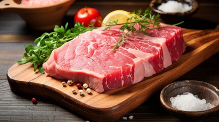 Fototapeta premium Fresh raw fillet steak and sashimi on wooden board background