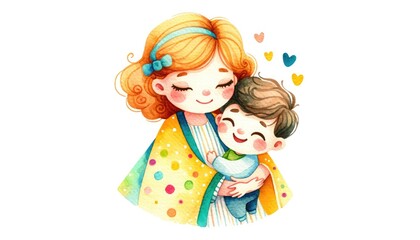 A tender watercolor illustration of a mother and child in a loving embrace, celebrating Mother's Day. Banner mother day card 
