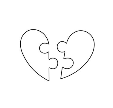 Vector isolated heart shaped puzzle with two parts details colorless black and white contour line easy drawing