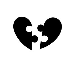 Vector isolated heart shaped puzzle with two parts details colorless black and white outline silhouette shdow shape