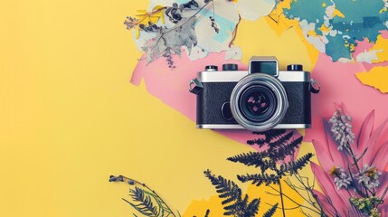 Punk composition on bright yellow background with camera in magazine style. Illustration in trend. - obrazy, fototapety, plakaty