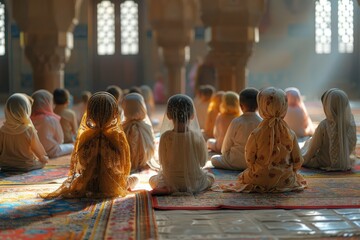 Group of young arabic children in traditional Islamic attire sit cross-legged on prayer rugs, reciting verses from Quran under guidance of their teacher. Muslim culture, faith and religion concept