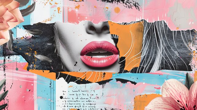 Decorative collage poster with chalk drawings on a blackboard. Spitballs with blah blah text. Cut out of paper illustration of a woman's lips. Modern vintage pop art.