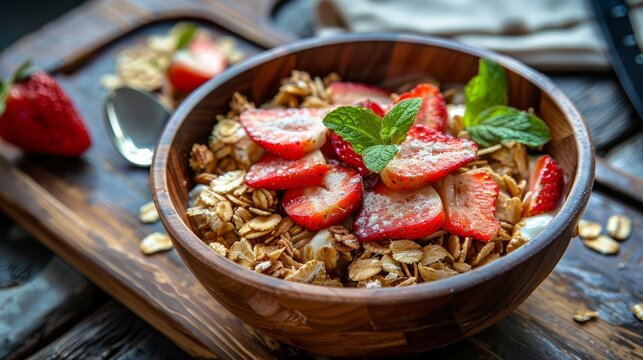Close-up image of cereals with slice strawberry toppings on the wooden tray