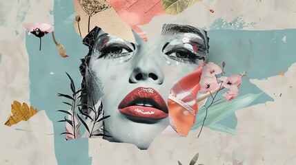 Grunge banner discounts. A crown rises above lips and eyes. Crazy 50% off. Doodle elements on modern poster.