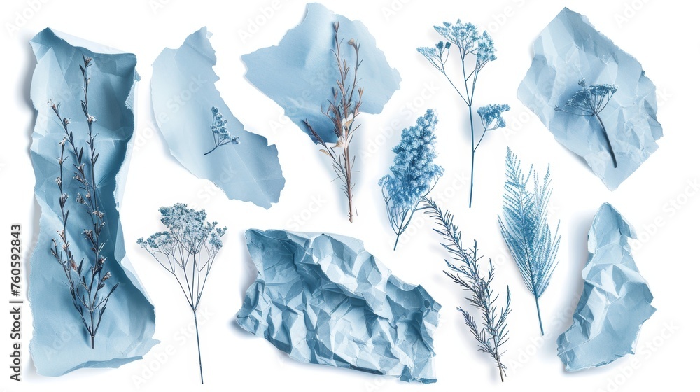Poster blue pieces of paper on a transparent background. abstract organic edge blobs. modern torn shapes.
