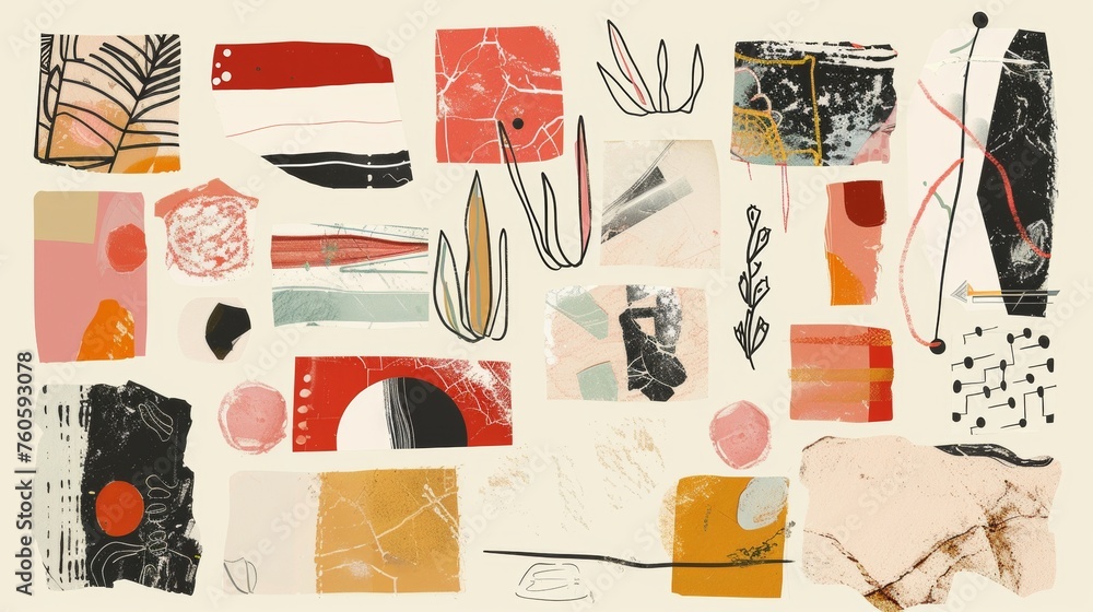 Poster set of abstract doodle shapes. scribble graphic elements with trendy textures. hand drawn and cutout