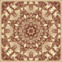 Bandana, neckerchief, square decorative panel with a fantasy composition based on a real sketch. Print design. Version No. 9. Vector illustration