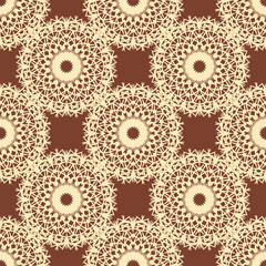 Seamless pattern with openwork beige decorative elements evenly spaced on a brown field. Vector illustration - obrazy, fototapety, plakaty