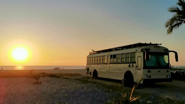 Camper bus car at sunset in Puerto Escondido Oaxaca Mexico.