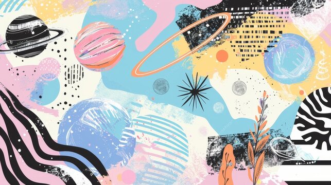 Children's photographer. Modern contemporary watercolor illustrations with planets and stars. Children's doodle invitation with collage elements. Flyer set. Trendy graphic template. Modern