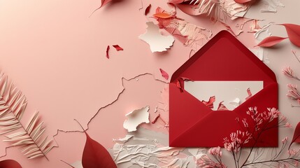 The card includes a red envelope with confetti and leaves. It is a trendy collage. Modern modern illustration.