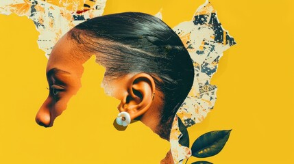 The left ear is a cut out from a magazine, isolated as a PNG file. The right ear is a modern halftone element for collage on a yellow background. - obrazy, fototapety, plakaty