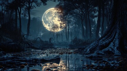 A mystical scene with a full moon shining over a forest. Suitable for nature or fantasy themes