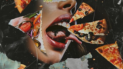 A grunge collage with a woman's mouth open and pizza flying into it. The background is a noisy black and trendy elements are incorporated into the image. Image in modern format.