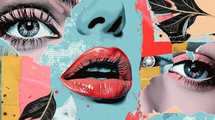 Modern illustration with punk collage elements including eyes, lips, and ear in halftone. Vintage magazine clippings. A mouth on black background with acid colors and white doodles.