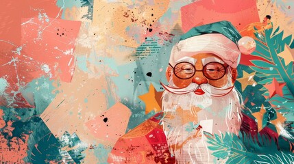 Happy New Year 2024 from Santa Claus. Collage style with hand drawn elements. Speech bubble with text and jagged stars. Modern trendy illustration.