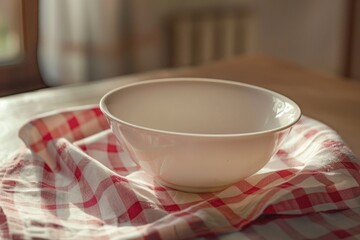 A white bowl on top of a red and white checkered cloth. Suitable for kitchen and cooking concepts