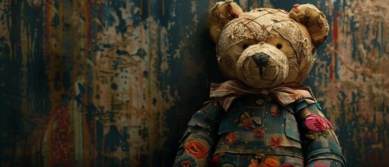 A stuffed bear depicted with an array of clip art textures, inviting comfort and nostalgia.