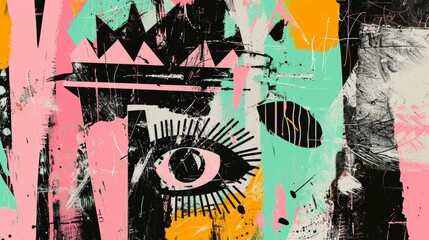 Designed for a music album cover. Punk music. Crown with eye and doodles. Set in acid green and black. Rave party royalty. Halftone modern illustration.