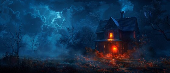 A haunted house illuminated by a single, bright beacon of hope amidst dark surroundings. - obrazy, fototapety, plakaty