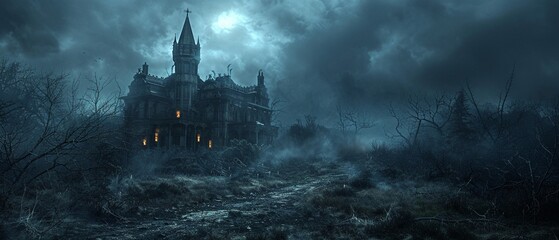 A haunted house illuminated by a single, bright beacon of hope amidst dark surroundings. - obrazy, fototapety, plakaty