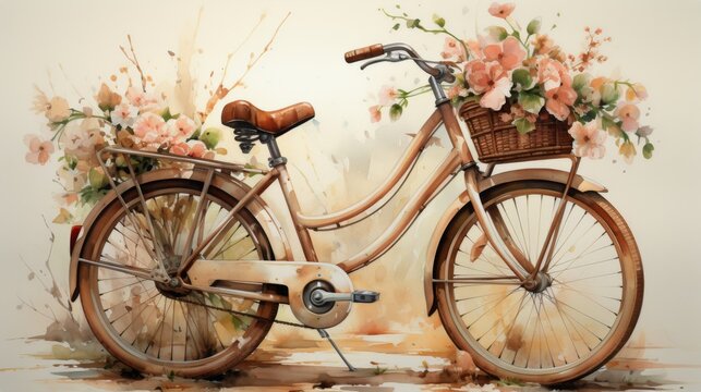Bicycle With Flowers in Basket Painting